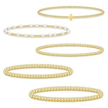 Imagem de CoguZed Pacote com 5 pulseiras cruzadas banhadas a ouro 14K para mulheres - Corrente ajustável delicada, joias de fé cristã para confirmação, batismo e presentes de aniversário