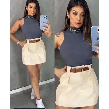Imagem de Conjunto Feminino Cropped Marrom e Short Saia Alfaiataria Nude Elegant