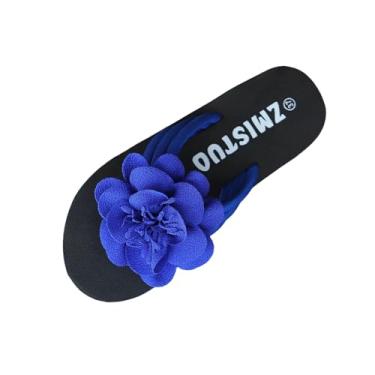 Imagem de Sandálias femininas de praia de sola grossa com decorações florais casuais plus size modernas em chinelos primavera verão pano, Azul royal, 39