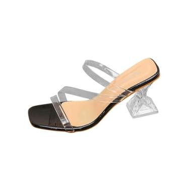 Imagem de Sandália feminina primavera verão moderna plus size tira transparente salto alto salto cristal design de salto grosso, Preto, 34