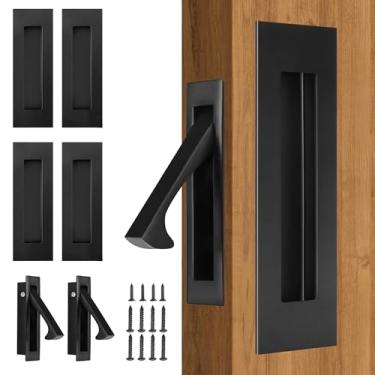 Imagem de bealy Conjunto de ferragens para porta de bolso, 2 puxadores embutidos e 1 puxador de borda, trava de ferragens de 15 cm, para armário, porta de celeiro, feita de aço inoxidável 304, preto, 2