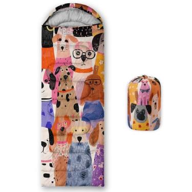 Imagem de AILONEN Saco de dormir engraçado para cães e adolescentes, clima quente e frio para 3 estações, leve, mochila à prova d'água, saco de dormir de cachorro de desenho animado para acampamento