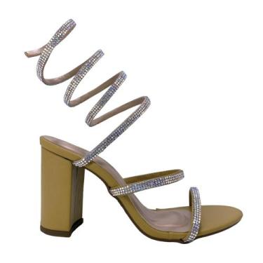 Imagem de Sandalia Feminina Aspiral Salto Bloco Grosso Alto Strass 147, Bege, 35