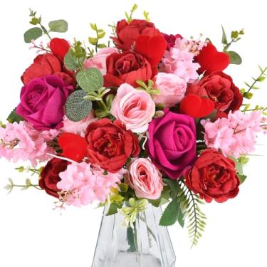 Imagem de GYWJJ Flores artificiais rosas artificiais folhas de eucalipto falsas flores de primavera para casa cozinha vaso mesa decoração de casamento