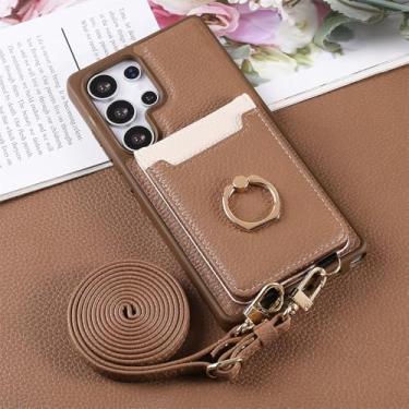 Imagem de Capa carteira para celular com alça transversal, compartimentos para cartões, suporte integrado e argola para Samsung Galaxy S25 Edge, S24 FE, S23 Ultra e S22 Plus, marrom, compatível com Galaxy