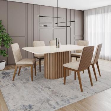 Imagem de Conjunto Mesa Solana 160cm com Vidro 06 Cadeiras Pietra Marrom/Off White/Caramelo/Creme