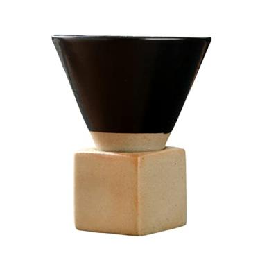 Imagem de Coarse Ceramic Espresso Cup, Vintage Personal Tea Pottery Porcelain Mug Funnel Coffee Cup with Base Heat Resistant Japanese Style Latte Cappuccino Triangular Cone Shape for Home Office (Black)