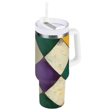 Imagem de Blueangle Copo isolado de carnaval de 850 g com alça e tampa de palha, caneca de viagem reutilizável de aço inoxidável (147)