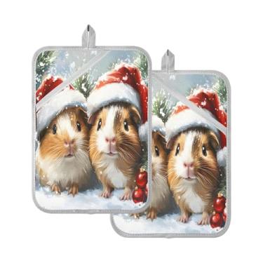 Imagem de STAYTOP Pacote com 2 porquinhos-da-índia de Natal usando chapéus de Papai Noel, almofadas quentes de forno resistentes ao calor com bolsos, conjuntos de suportes de panela antiderrapantes para cozinha
