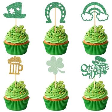Imagem de 24un Toppers Cupcakes de São Patrício, Glitter São Patrício Trevo Bolo Decorações Trevo Ponte do Arco-Íris Ferradura Bolo Decoração para Chá de Bebê e Aniversário Festas