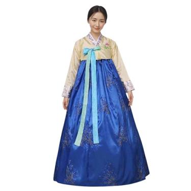 Imagem de STIOEDYUAN Vestido feminino tradicional coreano Hanbok de manga comprida com bordado floral, Azul, X-Large