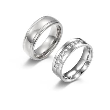Imagem de PINCHUAN Anéis de compromisso combinando para casais de aço inoxidável para ele e ela Anillo para parejas alianças de casamento para casais joias presentes para aniversário do dia dos namorados, Metal