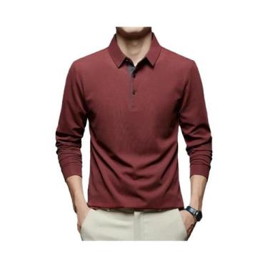 Imagem de Camisa Polo Masculina De Manga Longa Em Cor Sólida Casual De Negócios 