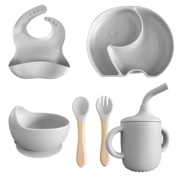 Imagem de Conjunto Introdução Alimentar Para Bebê De Silicone 6 Peças Prato Talheres copo Bowl e Babador