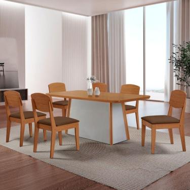 Imagem de Mesa De Jantar Diane 180cm Tampo Mdf Canto Copo E 6 Cadeiras Veludo Marrom/naturale/off White