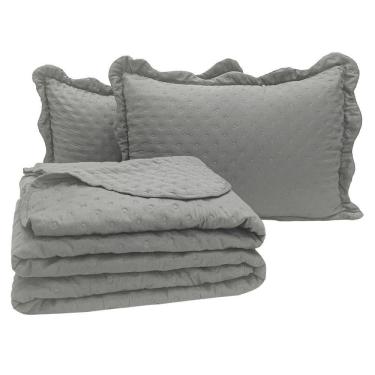 Imagem de Kit Cobre Leito Colcha Perone Queen Dupla Face Toque De Pluma Micro Percal 300 Fios 3 Peças - Cinza