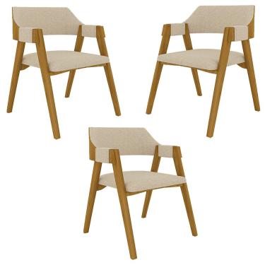 Imagem de Kit 3 Cadeiras Sala de Jantar e Jogos Carteados Madeira Maciça Poker Linho OffWhite/Mel G42 - Gran Belo