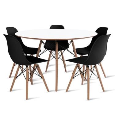 Imagem de Conjunto De Mesa De Jantar Eames Eiffel Redonda 110cm Tampo De Madeira Branco Com 5 Cadeiras Pretas