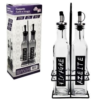 Imagem de Conjunto Galheteiro Para Azeite E Vinagre 2 Garrafas Com Suporte 270ml Em Casa Tem