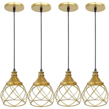 Imagem de 4 Pendente Aramado E s f e r a B a l o n ê Dourado Lustre Luminária Teto Regulável Sala Cozinha Industrial Agp