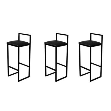 Imagem de Kit 3 Banquetas Luna Alta Industrial para Bar Cozinha Bistrô Bancada Assento Corino - Preto