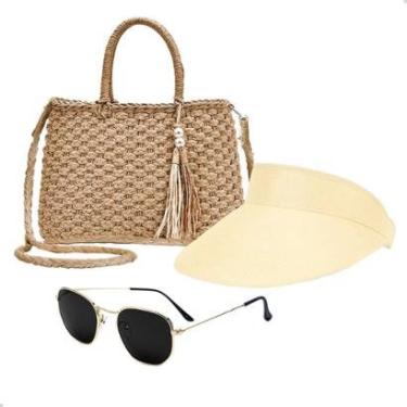 Imagem de Kit Bolsa de Palha Feminina + Viseira Solar e Óculos de Sol Para Praia Moda Verão-Feminino