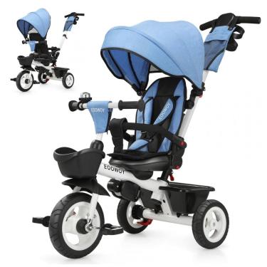 Imagem de Triciclo Infantil 6 em 1 com Alça Ajustável, Cobertura Removível e Arnês de Segurança para Crianças de 1 a 5 Anos, EOOWOY, Azul