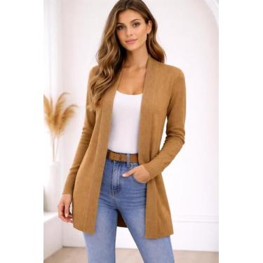 Imagem de Cardigan Casaco Feminino Longo em Tricot Básico - NoBrand, Marrom clar