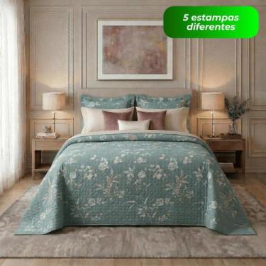 Imagem de Kit Colcha Cobre Leito King Dupla Face Matelado Boutis 3 Peças Floral 