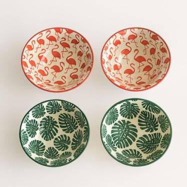 Imagem de Kit 04 bowls tigelas de cerâmica flamingo e folhagem tropical 300ml - 