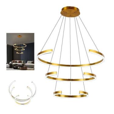 Imagem de Lustre Luminaria Led 3 Aneis Arco Pendente Luxo Perfil 94w Sala De Est