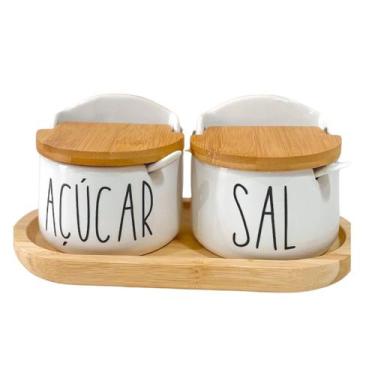 Imagem de Kit Saleiro e Açucareiro Porcelana c/ colher e tampa de bambu 10,5cm -