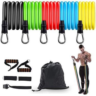 Imagem de Pulseiras de resistência ao exercício com alças, conjunto com 11 unidades de exercícios elásticos para academia de ginástica inclui 5 faixas de exercícios empilháveis portáteis para