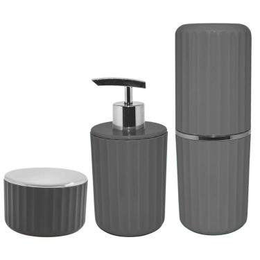 Imagem de Kit Banheiro 3 Peças Porta Escova Algodão Cotonete Dispenser Sabonete Líquido Groove Cromado Cinza - Ou