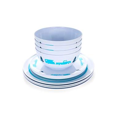 Imagem de Camco Teal Life is Better at The Campsite Conjunto de louças de 12 peças - Trailer retrô azul e design de logotipo, inclui pratos e tigelas, perfeito para trailers e acampamento, melamina (53296)