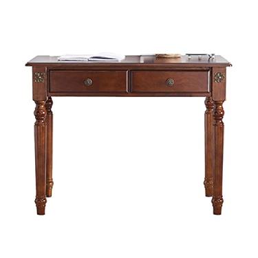 Imagem de Mesa de computador de estudo estável de madeira de borracha PC mesa de escrita em casa com 2 gavetas de armazenamento mesa de estudo de trabalho estilo country simples, mesa de escritório em casa marrom rústico (comprimento da mesa: 1,0 metros)