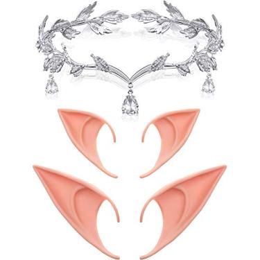 Imagem de Maitys Tiara de casamento de folha de Halloween com strass e 2 pares de orelhas de elfo macias orelhas de elfo acessórios para cosplay (prata)
