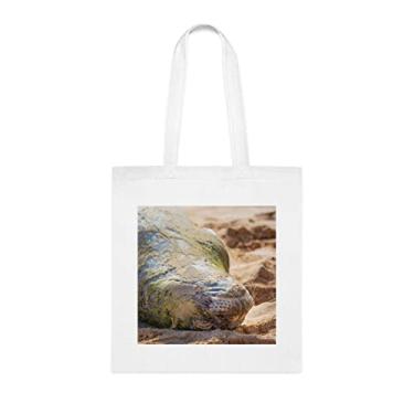 Imagem de Sacola Hawaiian Monk Seal Resting On The Beach, presente divertido, bolsa de ombro, bolsas reutilizáveis, ideia de presente de cesta de Natal de aniversário, Branco