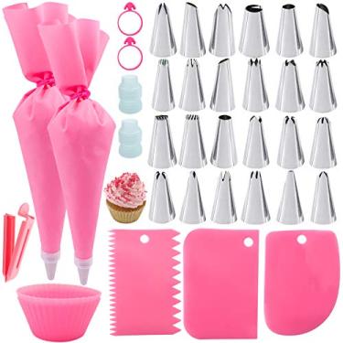 Imagem de Conjunto de 36 peças de sacos de confeitaria rosa e pontas, 24 pontas de cobertura de bico de aço inoxidável com 2 sacos de silicone reutilizáveis, mais macios para cobertura de gelo, copos de silicone para assar 2 acopladores kit de ferramentas para decoração de bolos