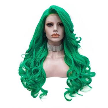 Imagem de Peruca verde ondulada com renda sintética frontal peruca feminina resistente ao calor peruca cosplay