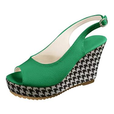 Imagem de Sandálias anabela para mulheres moda verão couro bico aberto fivela mil pássaros xadrez impresso grosso (verde, 6,5)