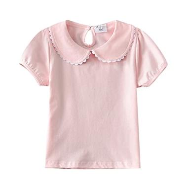 Imagem de Camiseta feminina de verão pequena renda fresca manga curta lapela manga curta cor sólida para 0 a 6 roupas de verão infantil (rosa, 3-4 anos)