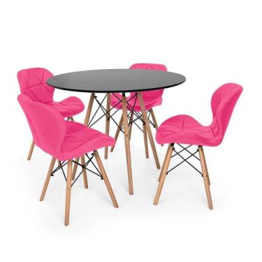Imagem de Kit Mesa Jantar Eiffel 90cm Preta + 04 Cadeiras Slim - Rosa - Império