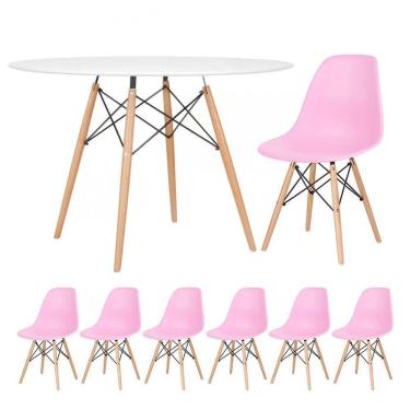 Imagem de Mesa Redonda Eames 120cm Branco + 6 Cadeiras Rosa Claro
