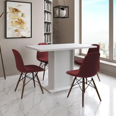 Imagem de Mesa Jantar Retangular Londres Branca 120x77cm com 4 Cadeiras Eames Estofadas Vermelhas Base Madeira