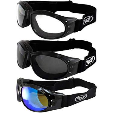 Imagem de 3 pares de óculos de motocicleta acolchoados Global Vision Eliminator Deluxe Red Baron, armação preta, lentes espelhadas azul claro fumê