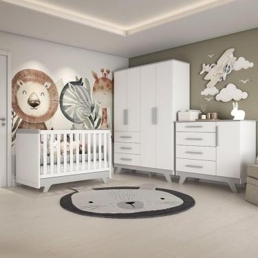 Imagem de Quarto de Bebê Completo com Guarda Roupa Cômoda e Berço 100% MDF Jolie Retrô Espresso Móveis Branco/Cinza