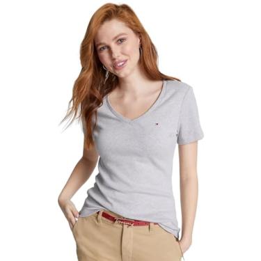 Imagem de Tommy Hilfiger Camiseta feminina com logotipo de cor lisa com gola V, (Coleção 2024) Cinza fumê mesclado, G