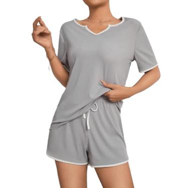 Imagem de MakeMeChic Conjunto de pijama feminino de 2 peças de pijama de manga curta e shorts, Cinza, P