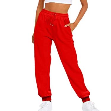 Imagem de Howstar Calça de moletom cargo para mulheres, casual, folgada, elástica, calça de moletom com bolsos, roupas de primavera 2024, Z1-vermelho, GG